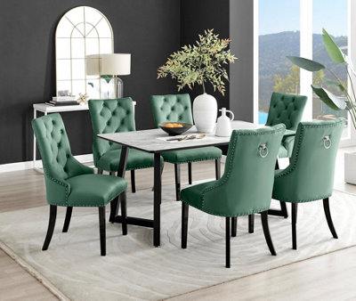 Furniturebox UK Carson White Marble Effect Dining Table & 6 Green Belgravia Black Leg Chairs