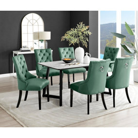 Furniturebox UK Carson White Marble Effect Dining Table & 6 Green Belgravia Black Leg Chairs