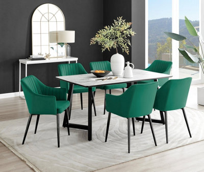 Furniturebox UK Carson White Marble Effect Dining Table & 6 Green Calla Black Leg Chairs