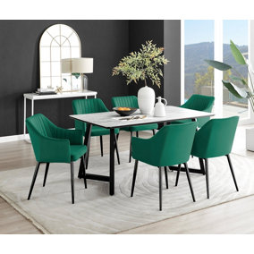Furniturebox UK Carson White Marble Effect Dining Table & 6 Green Calla Black Leg Chairs