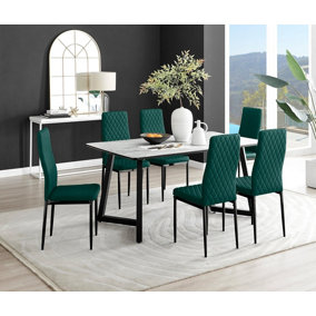 Furniturebox UK Carson White Marble Effect Dining Table & 6 Green Velvet Milan Black Leg Chairs