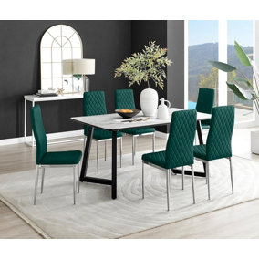 Furniturebox UK Carson White Marble Effect Dining Table & 6 Green Velvet Milan Chairs