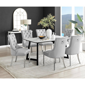 Furniturebox UK Carson White Marble Effect Dining Table & 6 Grey Belgravia Chairs