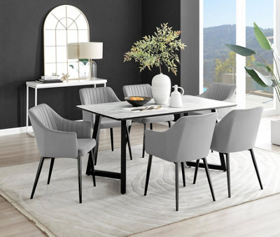 Furniturebox UK Carson White Marble Effect Dining Table & 6 Grey Calla Black Leg Chairs