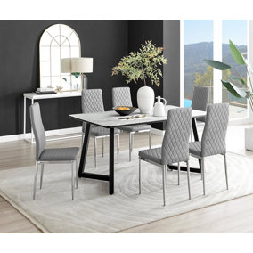 Furniturebox UK Carson White Marble Effect Dining Table & 6 Grey Milan Chrome Leg Chairs