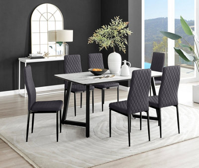 Furniturebox UK Carson White Marble Effect Dining Table & 6 Grey Velvet Milan Black Leg Chairs