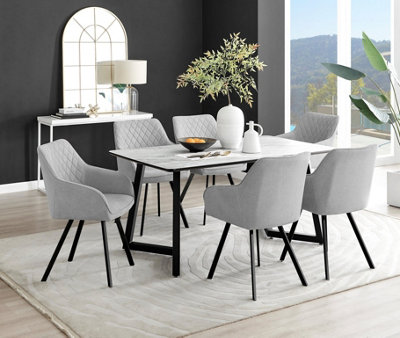 Furniturebox UK Carson White Marble Effect Dining Table & 6 Light Grey Falun Black Leg Chairs