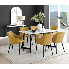 Furniturebox UK Carson White Marble Effect Dining Table & 6 Mustard Calla Black Leg Chairs