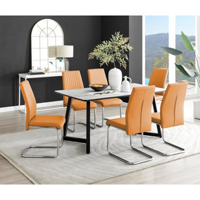 Furniturebox UK Carson White Marble Effect Dining Table & 6 Mustard Lorenzo Chairs