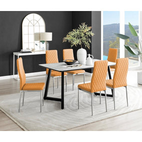 Furniturebox UK Carson White Marble Effect Dining Table & 6 Mustard Milan Chrome Leg Chairs