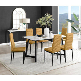 Furniturebox UK Carson White Marble Effect Dining Table & 6 Mustard Velvet Milan Black Leg Chairs