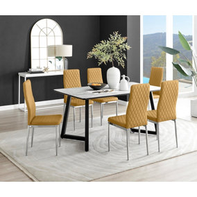 Furniturebox UK Carson White Marble Effect Dining Table & 6 Mustard Velvet Milan Chairs