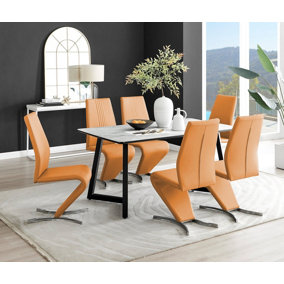 Furniturebox UK Carson White Marble Effect Dining Table & 6 Mustard Willow Chairs