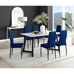 Furniturebox UK Carson White Marble Effect Dining Table & 6 Navy Velvet Milan Black Leg Chairs