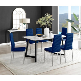 Furniturebox UK Carson White Marble Effect Dining Table & 6 Navy Velvet Milan Chairs