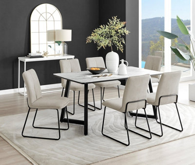 Furniturebox UK Carson White Marble Effect Dining Table & 6 Taupe Halle Chairs