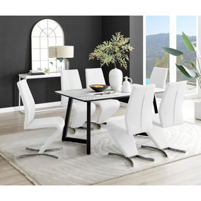 Furniturebox UK Carson White Marble Effect Dining Table & 6 White Willow Chairs