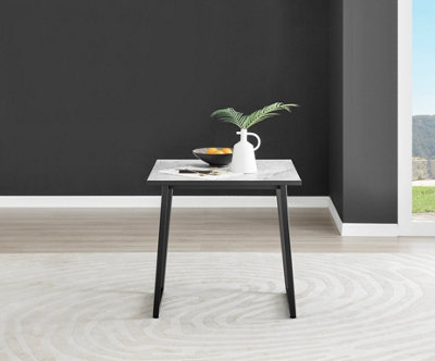 Furniturebox UK Carson White Marble Effect Square Dining Table & 2 Black Calla Black Leg Chairs