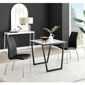 Furniturebox UK Carson White Marble Effect Square Dining Table & 2 Black Isco Chairs