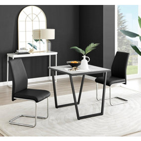 Furniturebox UK Carson White Marble Effect Square Dining Table & 2 Black Lorenzo Chairs