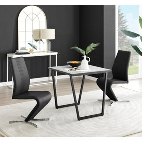 Furniturebox UK Carson White Marble Effect Square Dining Table & 2 Black Willow Chairs