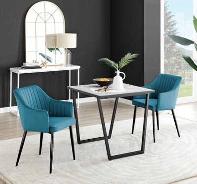 Furniturebox UK Carson White Marble Effect Square Dining Table & 2 Blue Calla Black Leg Chairs