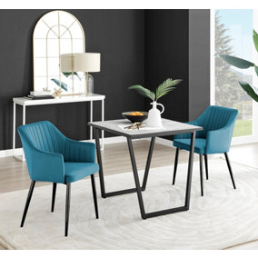 Furniturebox UK Carson White Marble Effect Square Dining Table & 2 Blue Calla Black Leg Chairs
