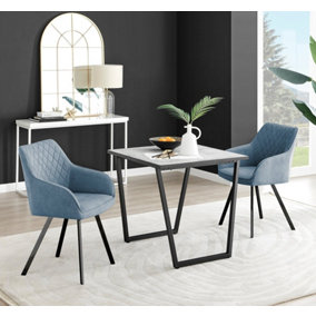 Furniturebox UK Carson White Marble Effect Square Dining Table & 2 Blue Falun Black Leg Chairs