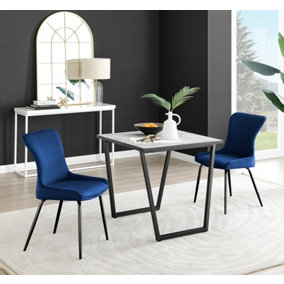 Furniturebox UK Carson White Marble Effect Square Dining Table & 2 Blue Nora Black Leg Chairs