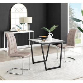 Furniturebox UK Carson White Marble Effect Square Dining Table & 2 Cappuccino Murano Chairs
