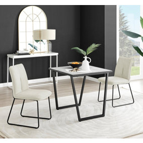 Furniturebox UK Carson White Marble Effect Square Dining Table & 2 Cream Halle Chairs