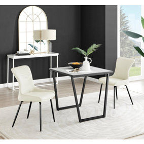 Furniturebox UK Carson White Marble Effect Square Dining Table & 2 Cream Nora Black Leg Chairs