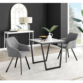 Furniturebox UK Carson White Marble Effect Square Dining Table & 2 Dark Grey Falun Black Leg Chairs