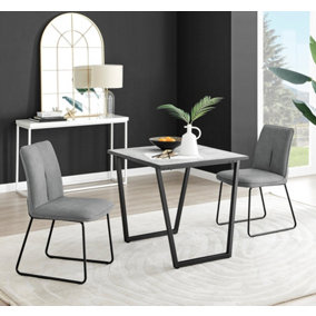 Furniturebox UK Carson White Marble Effect Square Dining Table & 2 Dark Grey Halle Chairs