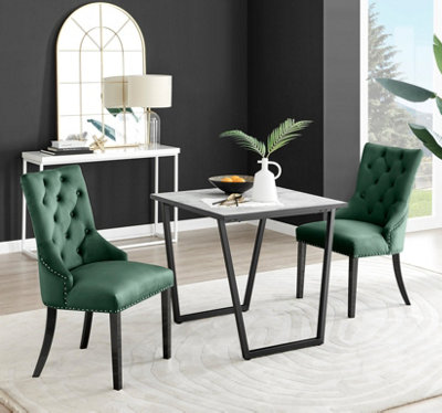 Furniturebox UK Carson White Marble Effect Square Dining Table & 2 Green Belgravia Black Leg Chairs