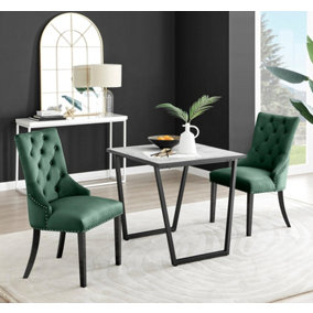 Furniturebox UK Carson White Marble Effect Square Dining Table & 2 Green Belgravia Black Leg Chairs