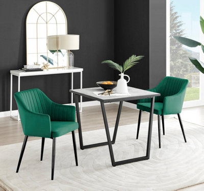 Furniturebox UK Carson White Marble Effect Square Dining Table & 2 Green Calla Black Leg Chairs
