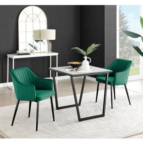 Furniturebox UK Carson White Marble Effect Square Dining Table & 2 Green Calla Black Leg Chairs