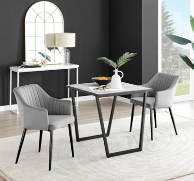 Furniturebox UK Carson White Marble Effect Square Dining Table & 2 Grey Calla Black Leg Chairs