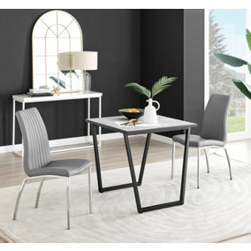 Furniturebox UK Carson White Marble Effect Square Dining Table & 2 Grey Isco Chairs