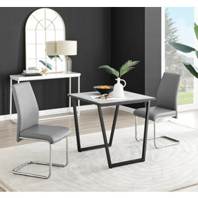Furniturebox UK Carson White Marble Effect Square Dining Table & 2 Grey Lorenzo Chairs