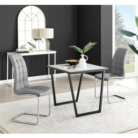 Furniturebox UK Carson White Marble Effect Square Dining Table & 2 Grey Murano Chairs