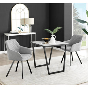 Furniturebox UK Carson White Marble Effect Square Dining Table & 2 Light Grey Falun Black Leg Chairs