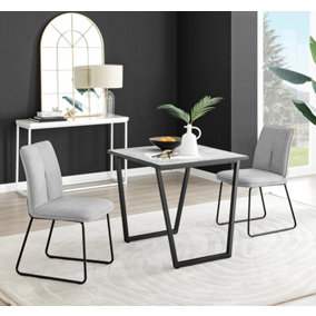 Furniturebox UK Carson White Marble Effect Square Dining Table & 2 Light Grey Halle Chairs