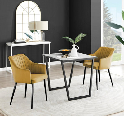 Furniturebox UK Carson White Marble Effect Square Dining Table & 2 Mustard Calla Black Leg Chairs