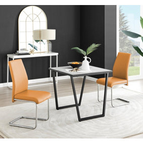 Furniturebox UK Carson White Marble Effect Square Dining Table & 2 Mustard Lorenzo Chairs