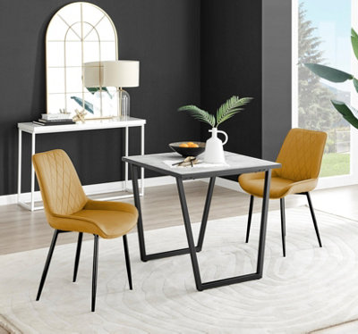 Furniturebox UK Carson White Marble Effect Square Dining Table & 2 Mustard Pesaro Black Leg Chairs
