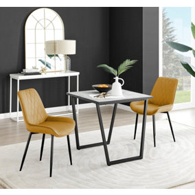Furniturebox UK Carson White Marble Effect Square Dining Table & 2 Mustard Pesaro Black Leg Chairs