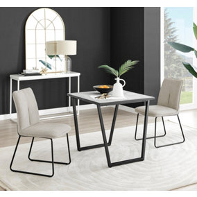 Furniturebox UK Carson White Marble Effect Square Dining Table & 2 Taupe Halle Chairs