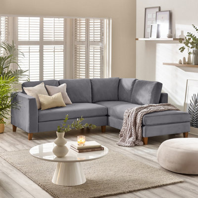 Furniturebox UK Chaise Sofa - 'Foster' L-shaped Grey Velvet Sofa - Chaise Longue Chaise Lounge - Left Hand Bias - 3 to 4 Seater